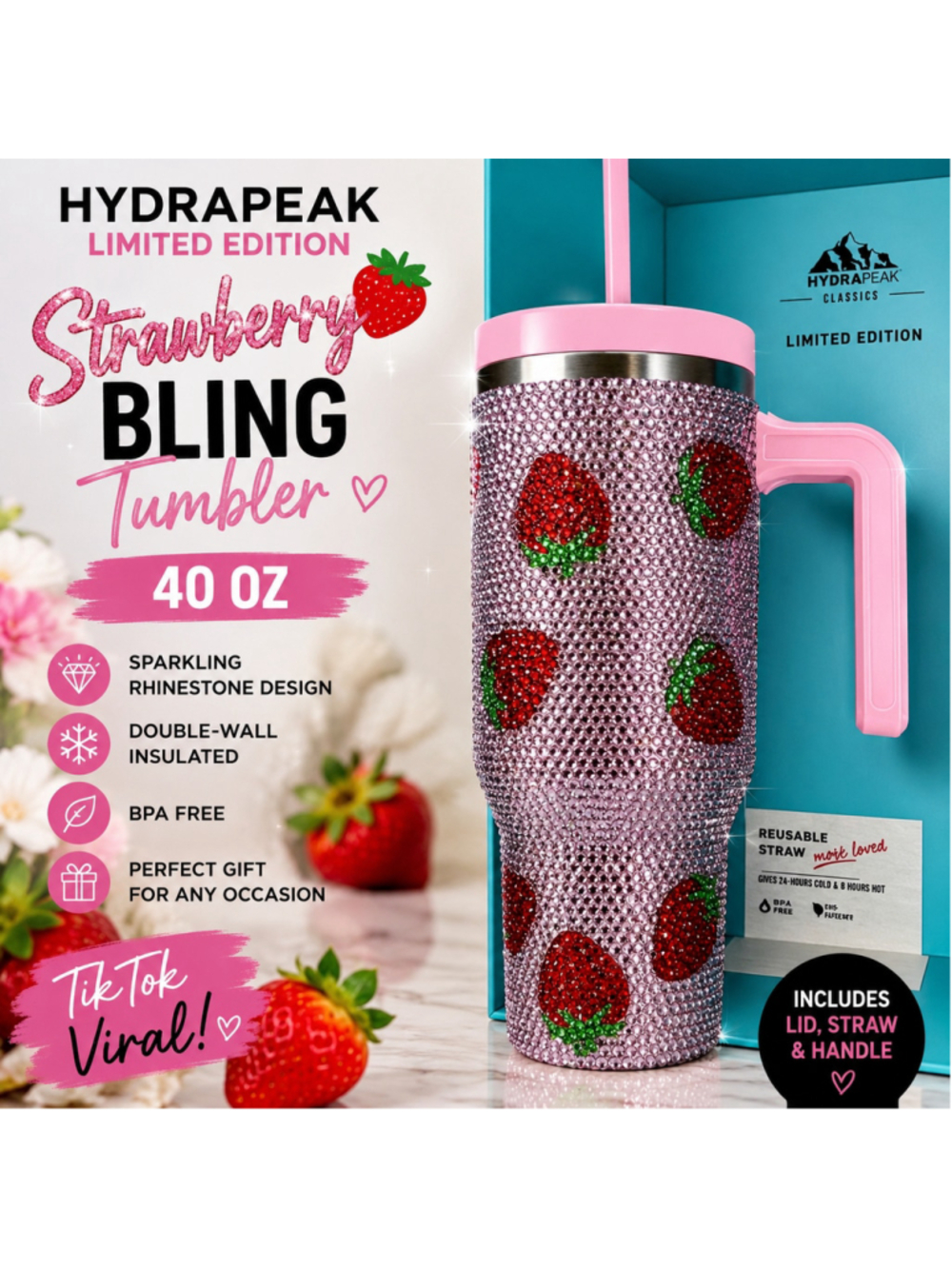 HydraPeak Limited Edition 40oz Bling Strawberry Rhinestone Tumbler Pink Handle T